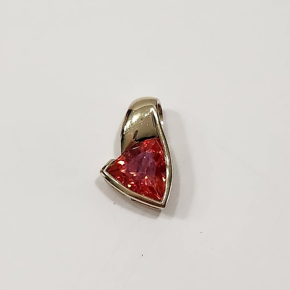 10K Solid Yellow Gold Created Trillion Orange Sapphire Slide Pendant